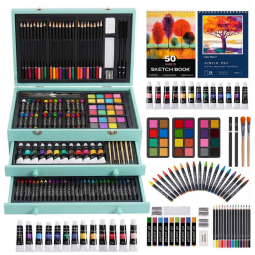 Kit Lápis de Cor Profissional com Maleta de Madeira 175 Peças e Tintas Acrílicas, Aquarela, Color More, Azul