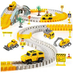 Pista de Corrida de Construção com 260 peças, Incluí 6 Carros para Crianças de 3 a 6 Anos, Kizplays, Amarelo.