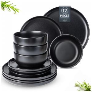 Conjunto de Jantar AmorArc em Cerâmica Stoneware Preto Fosco, Bordas Onduladas, Alta Resistência, 12 Peças para 4 Pessoas