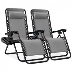 Cadeiras de Praia Zero Gravity Ajustáveis em Conjunto de 2, Malha de Aço - Cinza Gelo, com Almofadas e Suporte,Best Choice Products