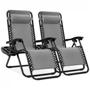 Cadeiras de Praia Zero Gravity Ajustáveis em Conjunto de 2, Malha de Aço - Cinza Gelo, com Almofadas e Suporte,Best Choice Products