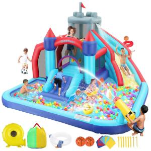 Parque Aquático Inflável 9 em 1, até 150 kg com Toboágua Gigante, Escorregadores, Cesta de Basquete e Parede de Escalada, AKEYDIY, Azul