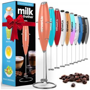 Espumador Elétrico de Leite em Aço Inoxidável a Bateria com Suporte, POWERLIX Peach, Laranja