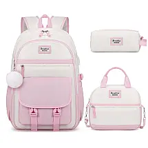 Mochila Bevalsa 3 em 1 rosa e bege com lancheira e estojo, para notebook até 15,6" e porta USB