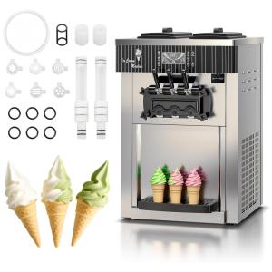 Máquina Comercial de Sorvete Soft Serve EKway Aço Inox 3 Dispensadores LCD Limpeza Automática BQL-8218T, 220V