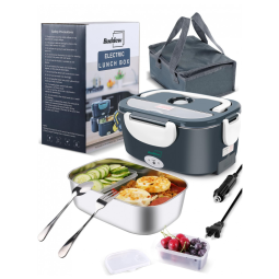 Marmita Elétrica Portátil 3 em 1 com Garfo, Colher e Bolsa para Transporte, 12V bivolt 80W, Buddew, Branco e Azul