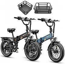 Kit 2 bicicletas elétricas dobráveis Jasion X-Hunter Pro preta e azul cestos pneus 20x4 motor 750W pico 1800W bateria 48V 15Ah 80 km 110V
