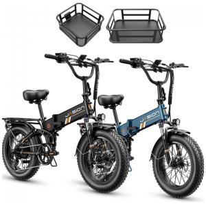 Kit 2 bicicletas elétricas dobráveis Jasion X-Hunter Pro preta e azul cestos pneus 20x4 motor 750W pico 1800W bateria 48V 15Ah 80 km 110V