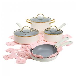 Jogo de Panelas e Frigideiras com Revestimento Antiaderente e Tampas de Vidro Temperado, 12 Peças, Paris Hilton, Creme
