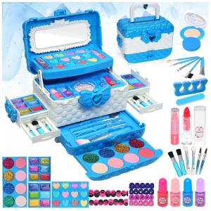 Kit de Maquiagem Infantil com 57 Peças para Crianças de 4 a 12 Anos, HERAPFANN Frozen, Azul