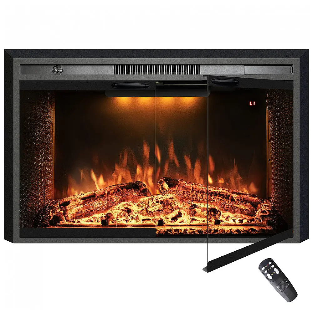 Lareira Elétrica de Embutir A69x101L cm com Controle Remoto, Porta de Vidro, Tela de Malha, Som de Crepitação de Fogo, 3 Cores de Chamas