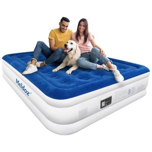 Colchão Inflável Solteiro com Bomba Embutida, Para até 300KG, Meldoz, Branco e Azul
