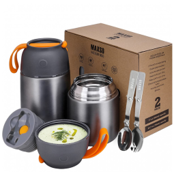 Kit com 2 Frasco Térmico 500mL, 700mL em Aço Inoxidável com Colher, MAXSO, Cinza