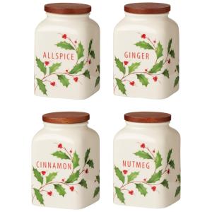 Conjunto de Natal 4 Frascos de Especiarias para Assados e Cozimentos em Festas, Lenox 895048, Branco Marfim