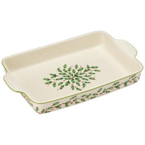 Travessa Natal de 33 cm com Formato Retangular e Material de Porcelana, Lenox 869955, Creme, Verde e Vermelha