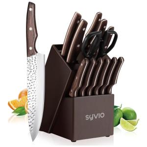 Conjunto de Facas em Aço Inoxidável com Bloco de Bancada e Afiador Embutido, 14 Peças, Syvio, Marrom