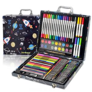 Kit Lápis de Cor Profissional com Maleta de Madeira 132 peças Tintas Acrílicas, Aquarela, DARNASSUS 132PAPERARTSSET, Preto