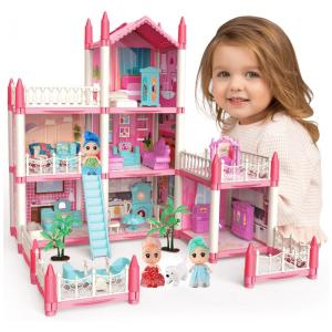 Casa de Bonecas com 6 Bonecas e 6 Quartos para Crianças de 6 Anos a 8 Anos, PIXATA, Rosa