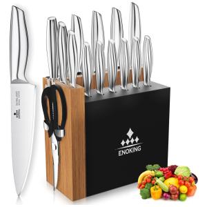 ENOKING Conjunto de Facas com Afiador Embutido e Bloco de Bancada 15 Peças, Prata