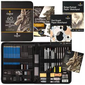 Kit Lápis de Cor Profissional com Estojo 60 peças Tintas Acrílicas, Aquarela, CASTLE ART SUPPLIES, Preto