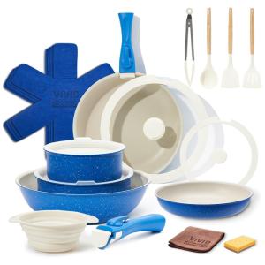 Jogo de Panelas e Frigideiras Antiaderentes, Material em Alumínio com 22 Peças, Cabo Removível e Utensílios de Cozinha, VIVIDCOOKWARE, Azul