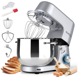 Batedeira Planetária KUCCU Prata 6 Velocidades 9,5L 660W Bowl Inox Duplo Cabo Tilt-Head Pulso Antiderrapante Lavável 110V