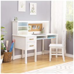 Escrivaninha infantil Guidecraft Taiga branca com hutch, gavetas, nichos e cadeira em madeira para estudo e uso de computador