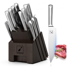 Conjunto de Facas Imarku em Aço Inoxidável com Bloco de Bancada e Afiador Embutido, 16 Peças, Prata