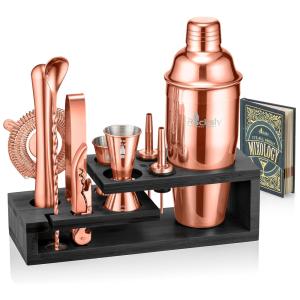 Kit Bartender Profissional 10 Peças em Aço Inoxidável com Suporte de Bambu, ROCKSLY, Ouro Rosa
