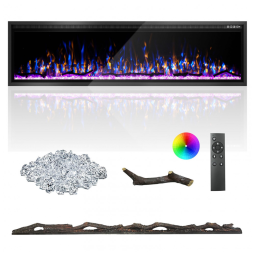 Lareira Elétrica de 183 cm, Ultrafina, Embutida ou de Parede, Troncos, Madeira Flutuante ou Cristais, Controle Remoto, Termostato