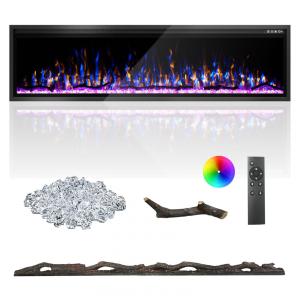 Lareira Elétrica de 183 cm, Ultrafina, Embutida ou de Parede, Troncos, Madeira Flutuante ou Cristais, Controle Remoto, Termostato