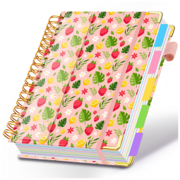 Caderno universitário espiral HDhuiun 8x10, 5 matérias, 300 páginas pautadas, divisórias com bolsos e abas, capa floral rosa