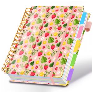 Caderno universitário espiral HDhuiun 8x10, 5 matérias, 300 páginas pautadas, divisórias com bolsos e abas, capa floral rosa