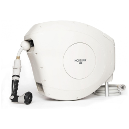 Mangueira de Jadim 25M com Enrolador Retrátil, Bico Pulverizador de 8 Padrões, Estabilizada por UV sem Dobras, HOSELINK, Bege