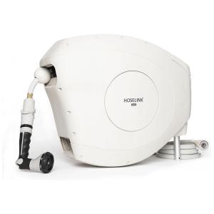 Mangueira de Jadim 25M com Enrolador Retrátil, Bico Pulverizador de 8 Padrões, Estabilizada por UV sem Dobras, HOSELINK, Bege