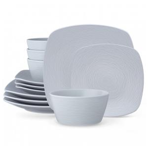 Aparelho de Jantar para Todas as Ocasiões com 12 Peças, Formato Quadrado e Material de Porcelana, Noritake 4390-12J, Cinza