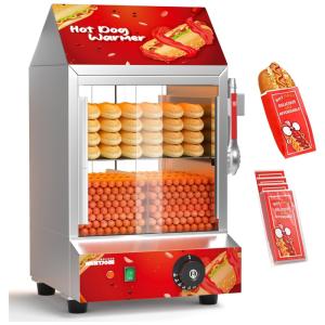 Máquina de Hot Dog até 175 Salsichas e 40 Pães com Aquecedor de Pão, 2 Níveis e Portas de Correr de Vidro, 110V, WantJoin