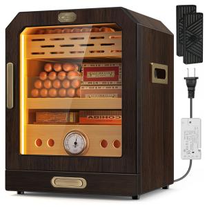 Umidor de Charutos com Porta Magnética Iluminada, Gaveta para Acessórios e 2 Umidificadores. Armazenamento de 3 Camadas, SEMKONT