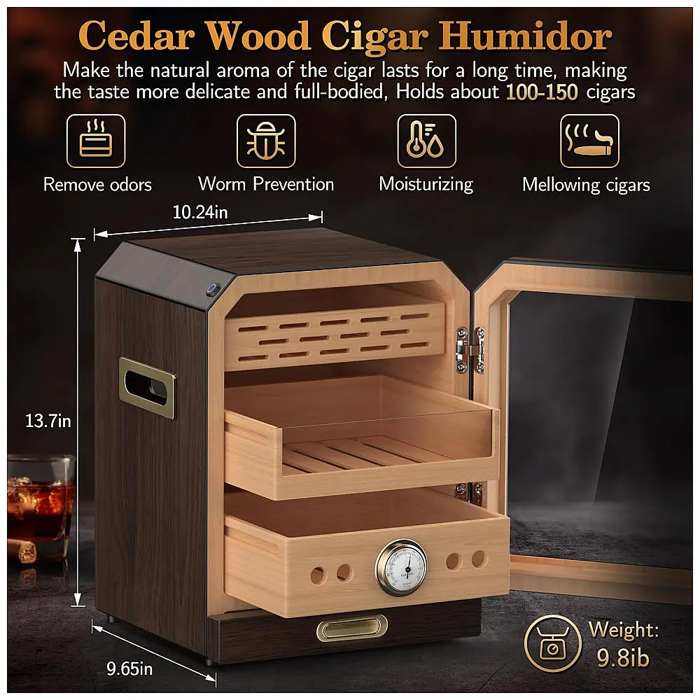 Umidor Desktop SEMKONT Marrom Madeira Cedro 3 Compartimentos Gaveta Acessórios 100-150 Charutos — foto 2