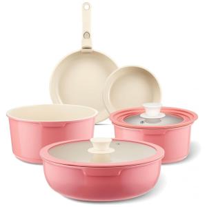 Jogo de Panelas e Frigideiras Antiaderentes de Cerâmica com 19 Peças, Cabo Removível e Utensílios de Cozinha, IKTU, Rosa