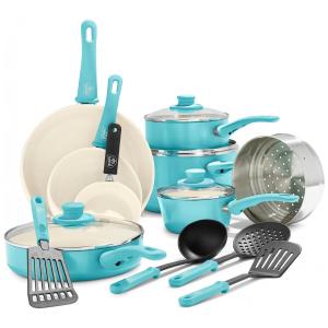 Conjunto de Panelas Antiaderente Revestida de Cerâmica e Utensílios, 16 Peças, GREENLIFE CC004866 001, Azul