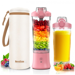 Liquidificador portátil NexaEase 600ml rosa com capa térmica bege recarregável USB-C para shakes e smoothies