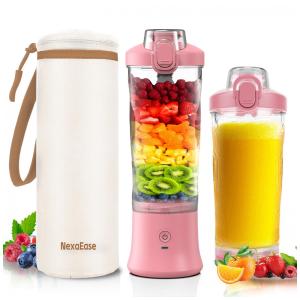 Liquidificador portátil NexaEase 600ml rosa com capa térmica bege recarregável USB-C para shakes e smoothies