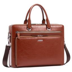 Bolsa Carteiro Masculina Couro de Cera de Óleo para Laptop com 15,6 Polegadas, BOSTANTEN, Marrom