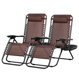 Conjunto de 2 Cadeiras Reclináveis de Praia Nazhura em Aço com Tela de Malha - Marrom Cáqui