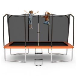 Trampolim retangular Goplus 8FT x 14FT, trampolins recreativos com rolamento de 440LBS com escada antiderrapante de rede de gabinete