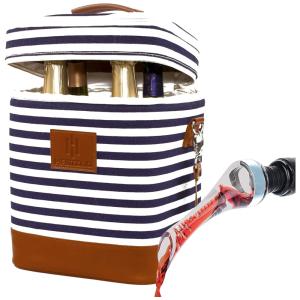 HAMILO Bolsa Térmica Para Transporte de Vinhos até 4 Garrafas com Zíper Expansível, Azul Listrada