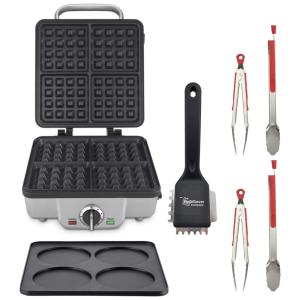 WAF 300P1 máquina de waffle belga de 4 fatias com placas de panqueca, pincel pequeno resistente e pacote de pinças de nylon de 8 polegadas 3