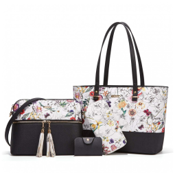 Conjunto de Bolsas Femininas em Couro Sintético 4 Peças com Carteira, Lovematch, Preto e Branco Florido