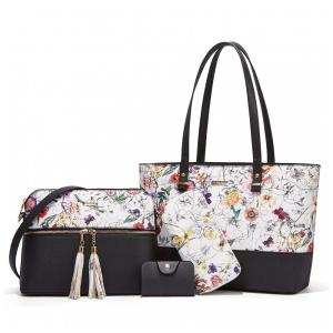 Conjunto de Bolsas Femininas em Couro Sintético 4 Peças com Carteira, Lovematch, Preto e Branco Florido